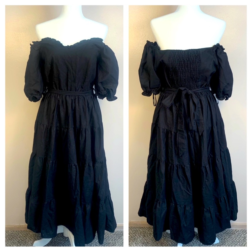 City Chic Linen Blend Off Shoulder Tiered Puff Sleeve Midi Dress